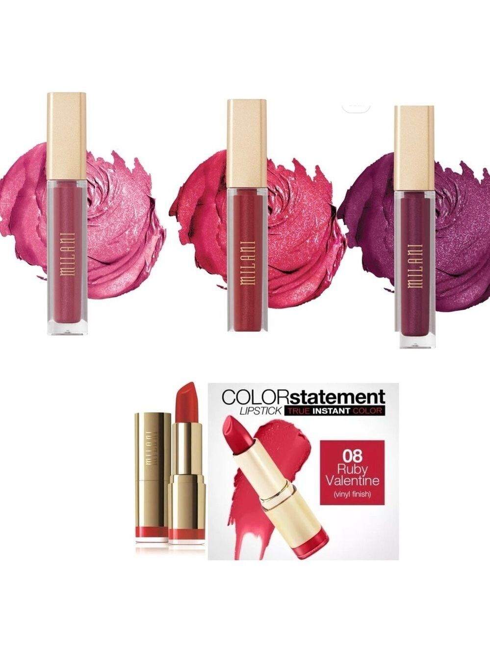 Milani Amore Matte Metallic Lip Crème/ Statement Lipstick Ruby Valentine bundle